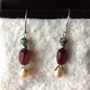 Hand beaded cultured pearl and glass bead earrings